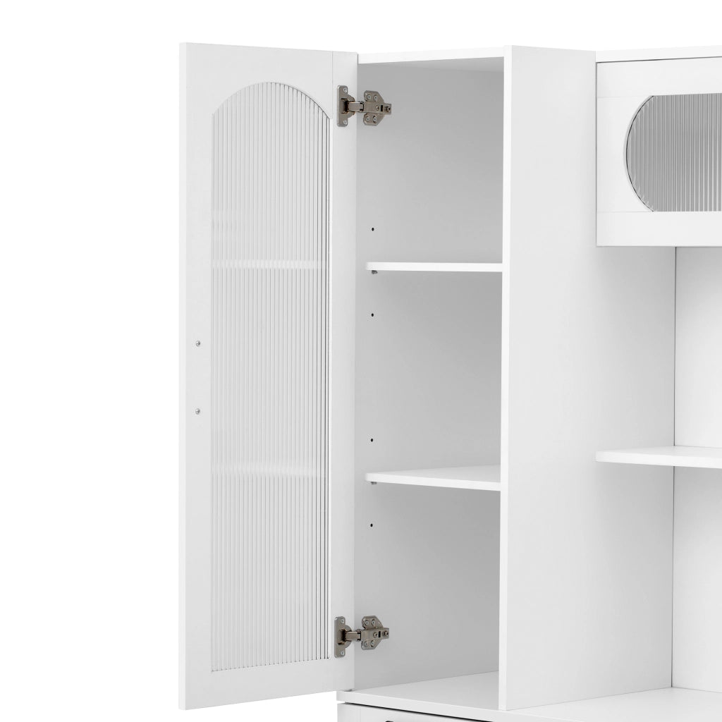 Credenza alta in MDF con ripiani regolabili, cassetto e vetro zigrinato per cucina soggiorno e sala da pranzo bianco