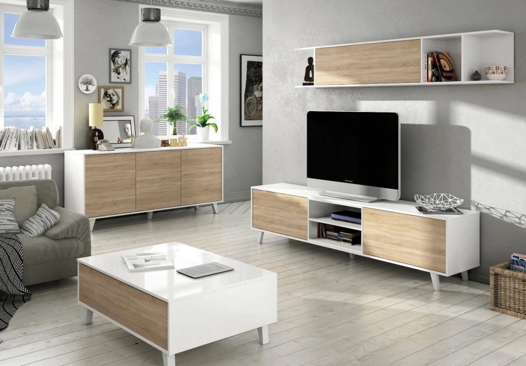 Credenza Acrolorum, Madia moderna a 3 ante e ripiani, Buffet da cucina, Buffet di design da soggiorno, cm 154x40h75, Bianco lucido e Bianco