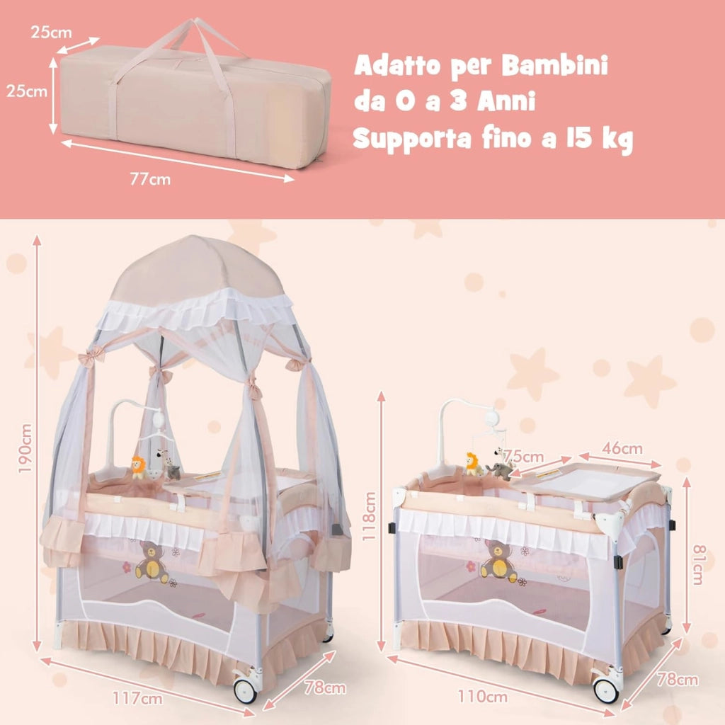 Lettino da Campeggio per Bambini, Culla Pieghevole con Fasciatoio Zanzariera, Box Neonati con Giocattoli, Ruote, per Bambini 0-36 Mesi (Rosa)