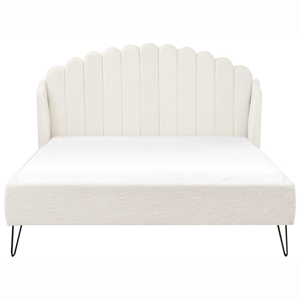 Letto matrimoniale con rete in tessuto bouclè bianco sporco 160 x 200 cm gambe in metallo testata retro capitonné
