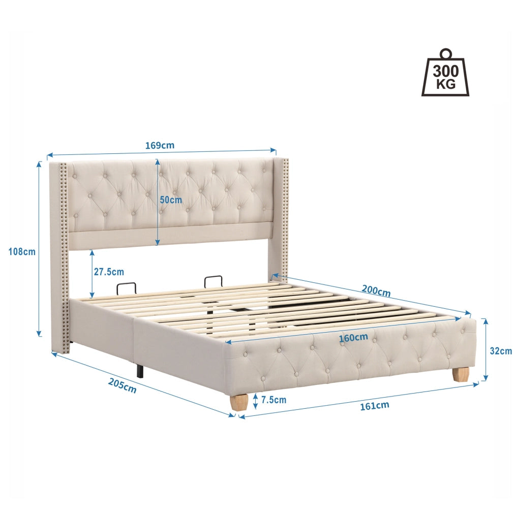 Letto imbottito beige 160 x 200 cm con rete a doghe e testiera decorata