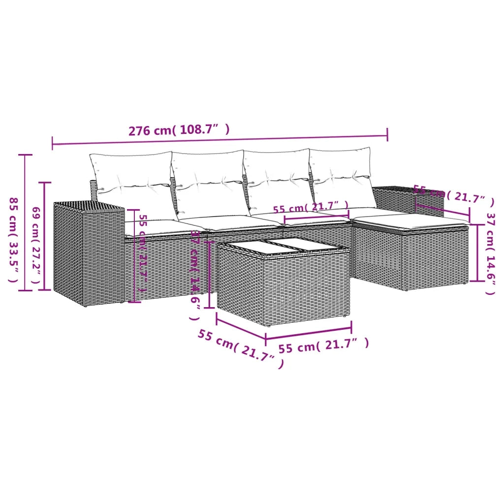 Set Divano da Giardino 6 pz con Cuscini Grigio in Polyrattan