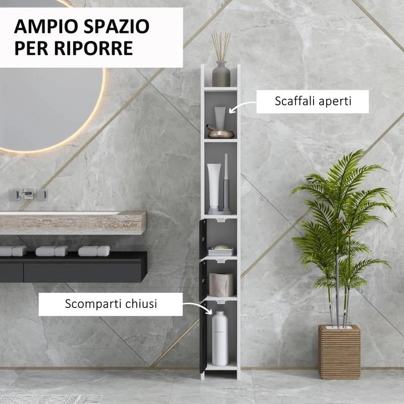COLONNA BAGNO CON 3 MENSOLE E 3 ARMADIETTI, IN LEGNO, 15X17X120 CM, BIANCO E NERO