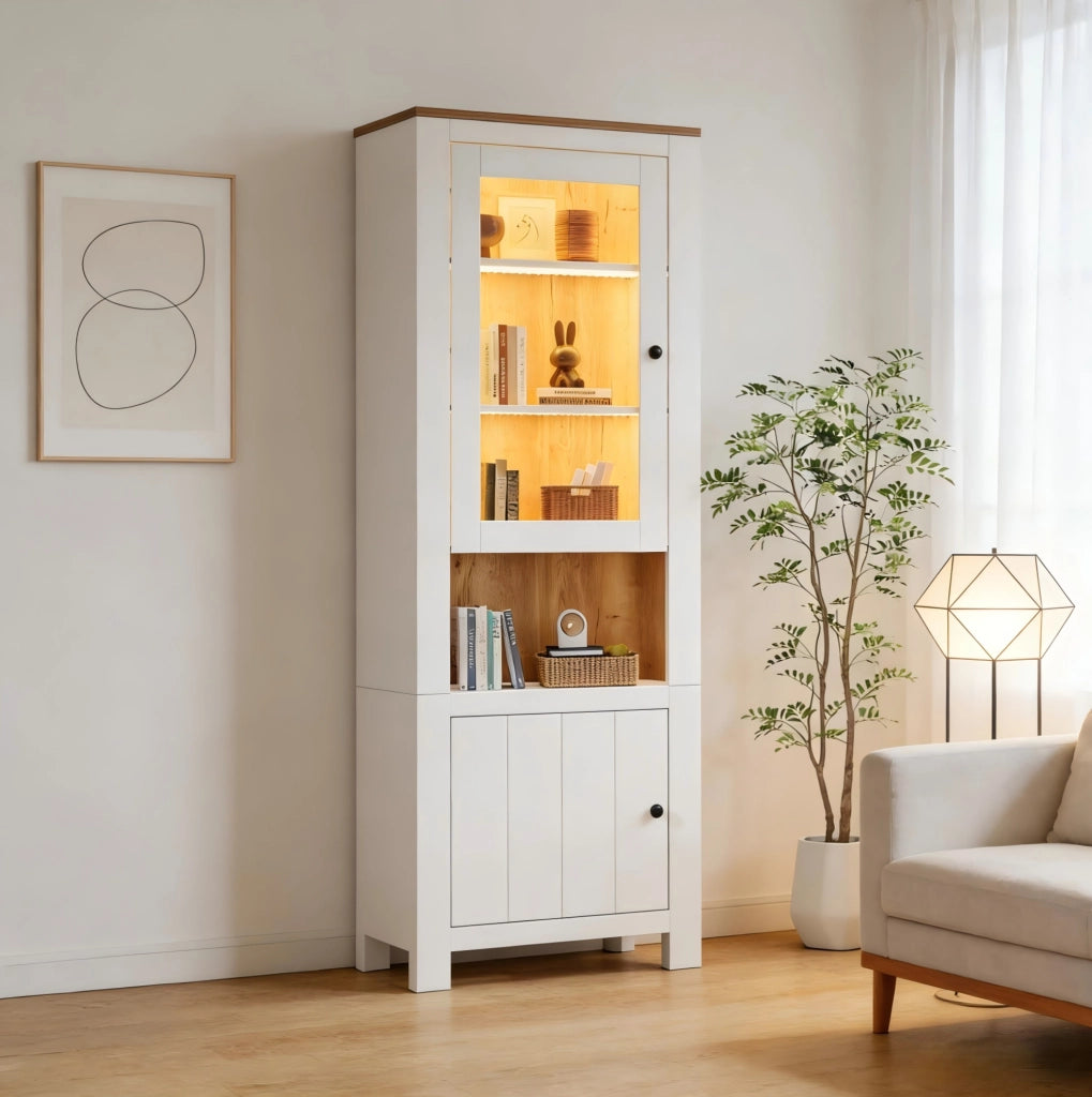 Vetrina alta 70 x 40 x 188 cm con 2 ante, ripiani regolabili e LED