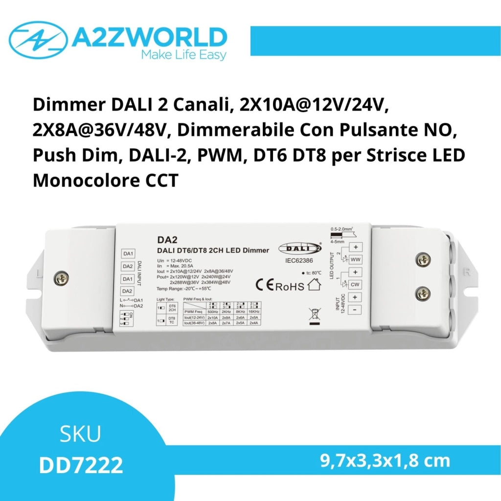 Dimmer DALI 2 Canali, 2X10A@12V/24V, 2X8A@36V/48V, Dimmerabile Con Pulsante NO, Push Dim, DALI-2, PWM, DT6 DT8 per Strisce LED Monocolore CCT