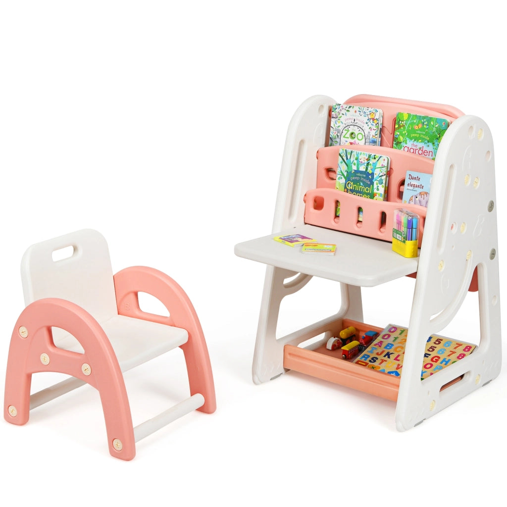 Cavalletto per dipingere 2 in 1 per bambini, Lavagna double face e libreria per bambini con sedia, Rosa