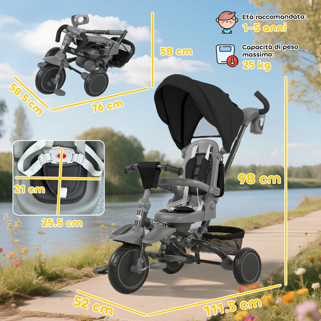 Triciclo per Bambini 6 in 1 111,5x52x98 cm Pieghevole con Sedile Girevole Nero