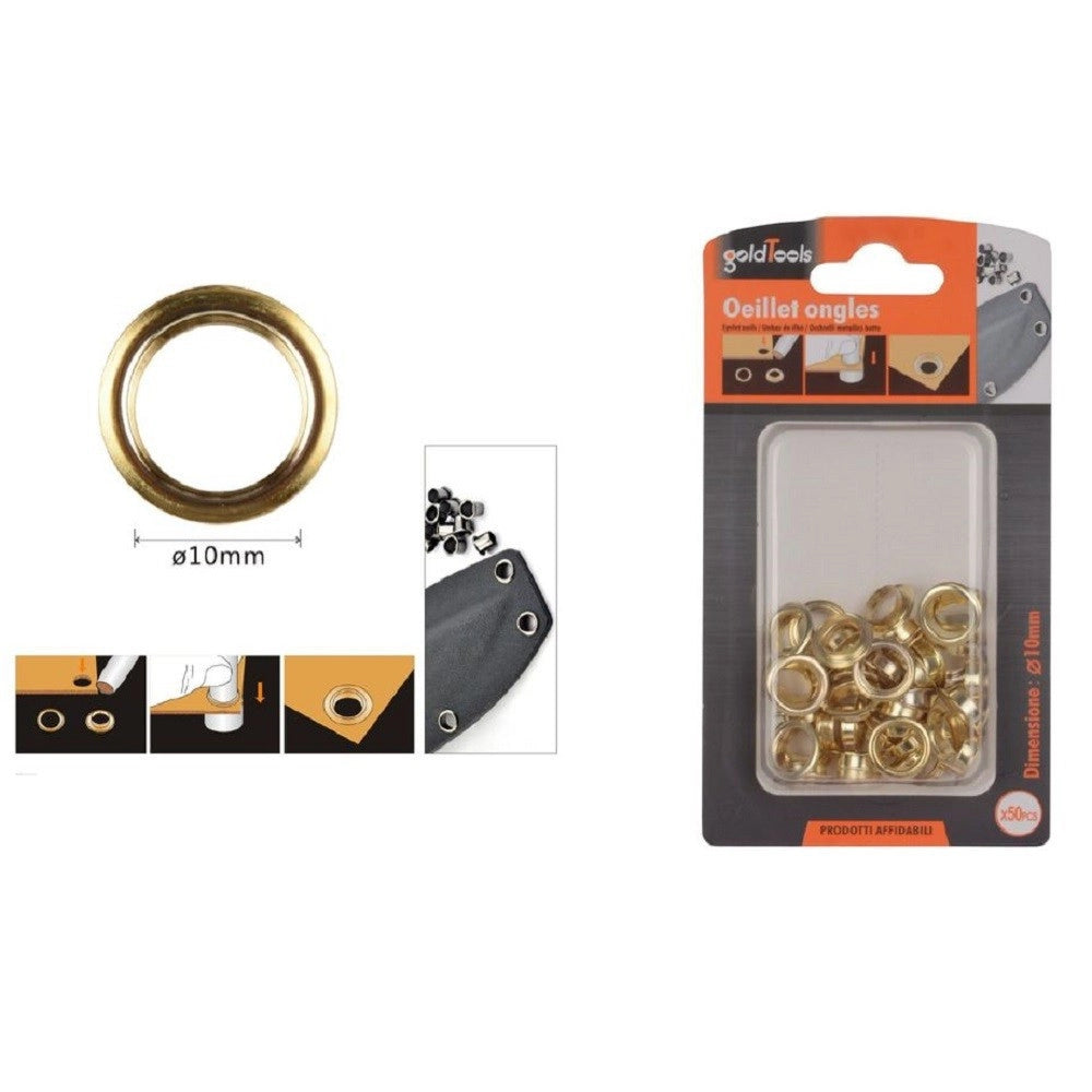 Trade Shop - Kit 50 Pz Occhiello Occhielli Metallici Foro ø10mm In Metallo Dorato Pelle 90925 -