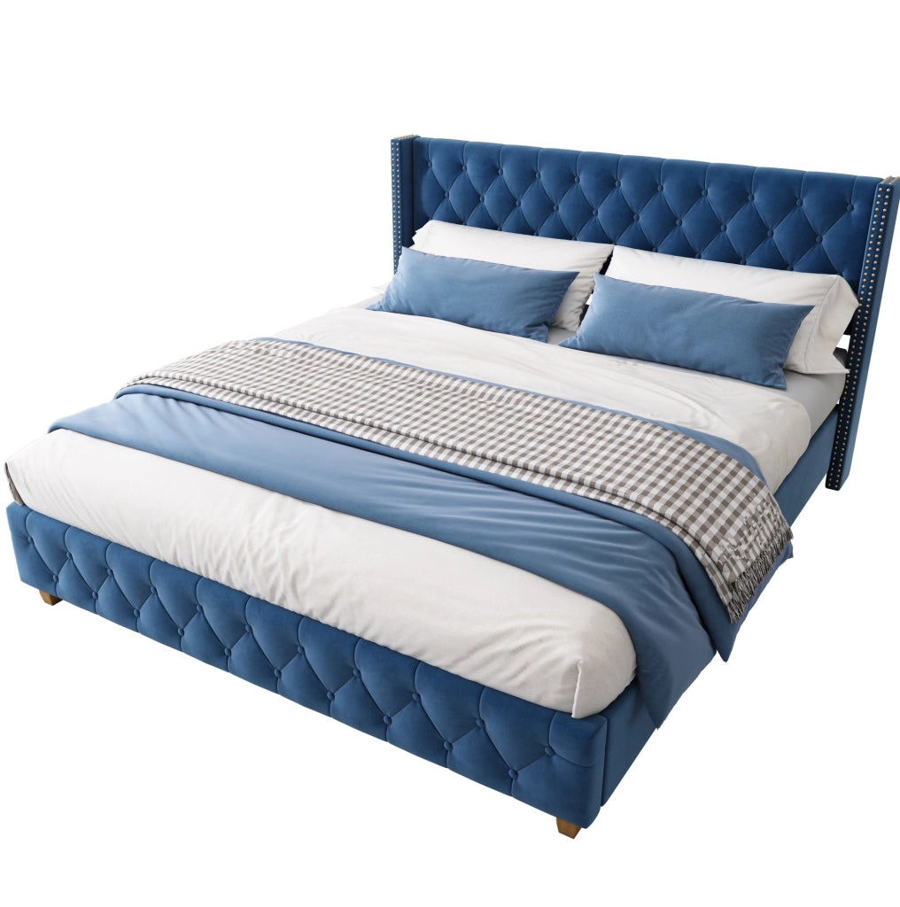 Letto imbottito in velluto blu 160 x 200 cm con rete e testiera decorata