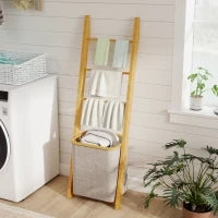 Mobile da Bagno in Bambù con Porta Asciugamani a 3 Barre e Cesto per Biancheria Sporca Rimovibile da 48 L, Crema