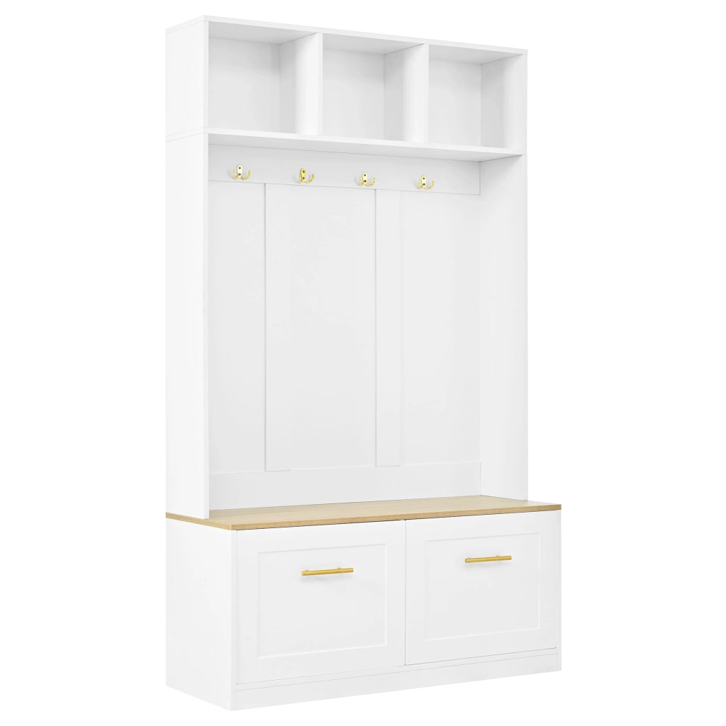 Guardaroba con Panca, Vano Aperto e 2 Ante ¨C MINIMAL ¨C Bianco/Naturale, 4 Ganci, 105x40x180 cm
