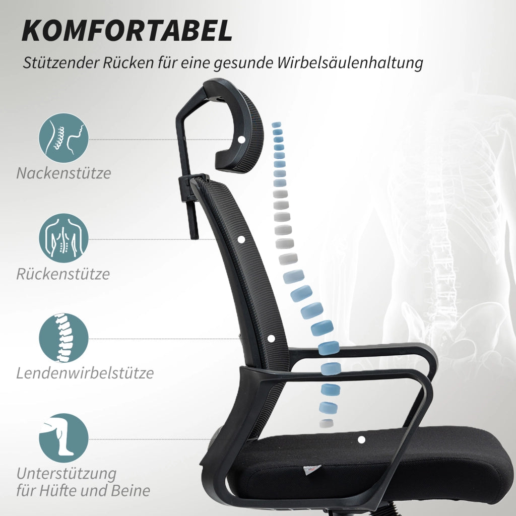 Sedia da ufficio ergonomica in mesh con poggiatesta regolabile, braccioli e funzione d'oscillazione nera