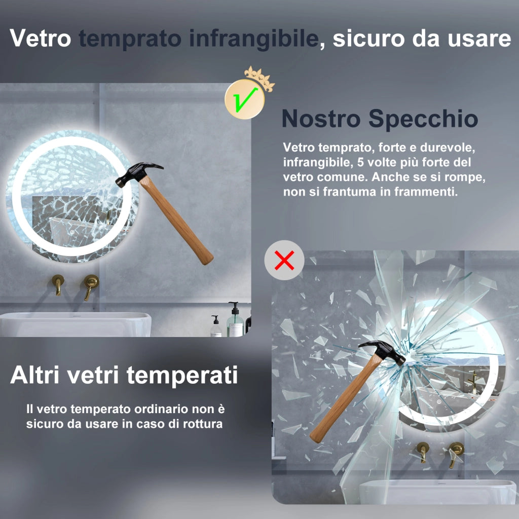 Specchio da bagno Rotondo con 60cm,Memoria, Antifog,Regorabile,Retroilluminato,doppio interruttore,