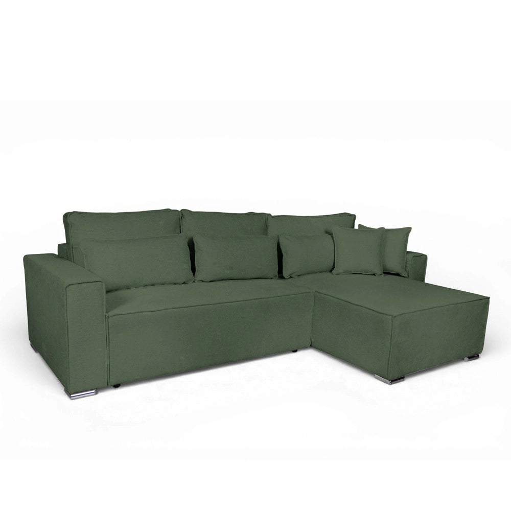 Divano Angolare Emily verde con Letto Easy Open, Contenitore e Penisola Reversibile – Comfort e Design per il Living