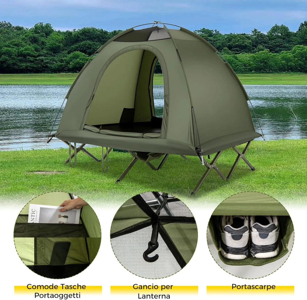Tenda da Campeggio per 2 Persone, Tenda Impermeabile e Pieghevole per Adulti con Riparo Esterno, Borsa con Ruote Portatile, 2 Porte a Rete e Tetto con Lucernario per Campeggio e Spiaggia
