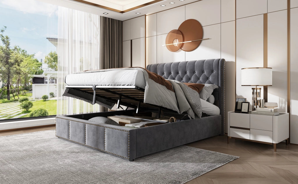 DESMIU Lit coffre 140 × 200 cm 2 posti con vano contenitore idraulico e borchie, senza materasso, in velluto grigio