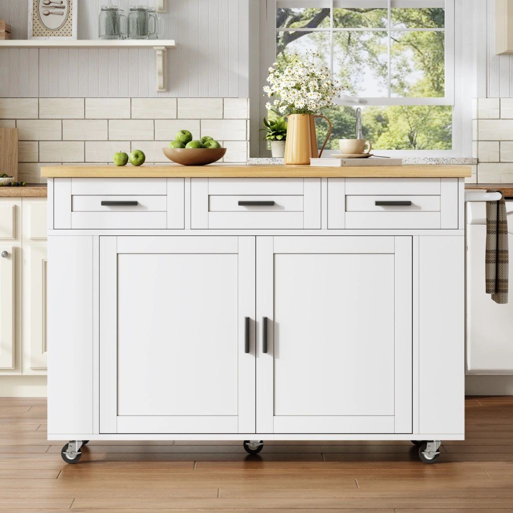 Carrello da cucina con 3 cassetti e 2 vani estraibili; piano ribaltabile e prese integrate; in MDF; 120×70×84 cm