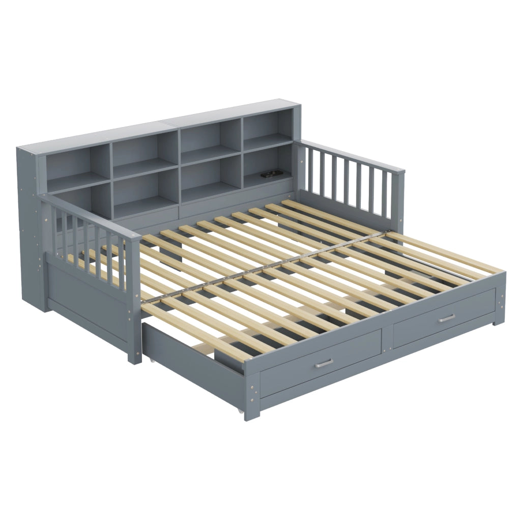 Divano letto multifunzione estraibile in legno massello con contenitore e presa integrata