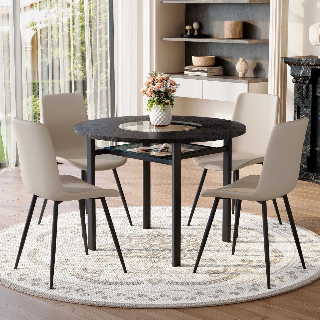 Tavolo da pranzo rotondo con ripiano in vetro e 4 sedie in PU con schienale ergonomico nero e grigio caldo Ø 100 cm