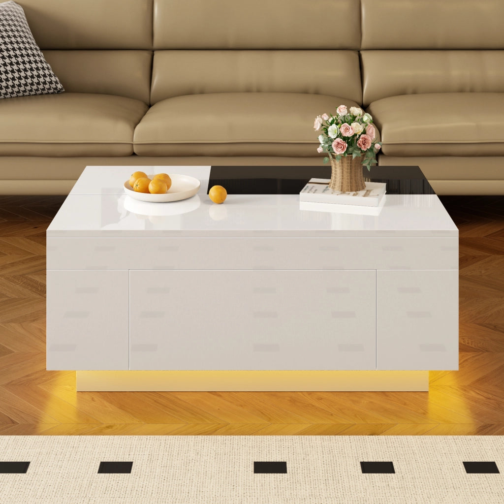 Tavolino da salotto con 1 Cassetto nascosto e Piano estensibile; LED Bluetooth; Finitura Lucida; MDF; Nero e Bianco
