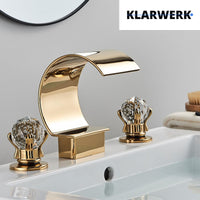 LENA | Rubinetto bagno 3 fori design oro lucido |  per lavabo ad arco alto in acciaio inossidabile | miscelatore 2 maniglie ristorazione