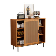 Credenza e Madia con 2 Ante Scorrevoli in Rattan e 3 Ripiani Regolabili; Stile Country; in Pannello Truciolare; 100??37??90 cm; Noce