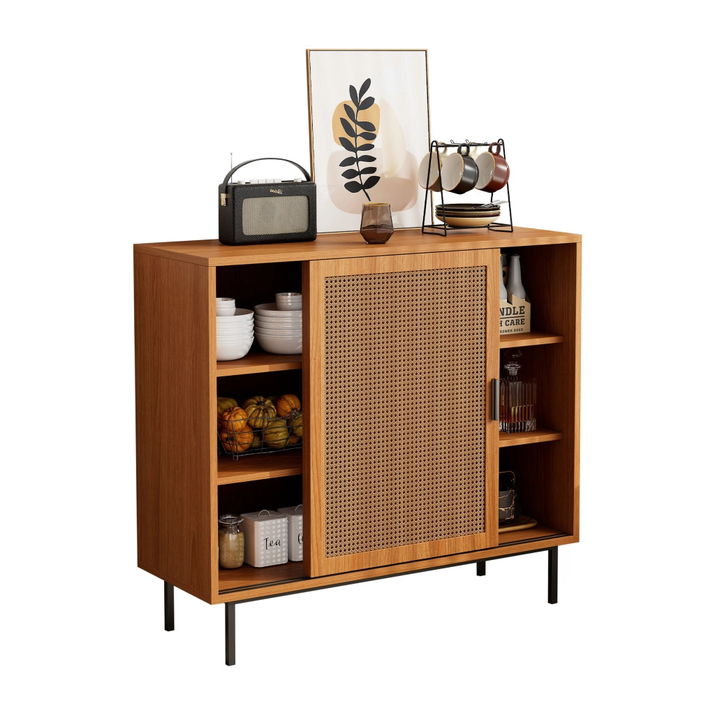 Credenza e Madia con 2 Ante Scorrevoli in Rattan e 3 Ripiani Regolabili; Stile Country; in Pannello Truciolare; 100??37??90 cm; Noce