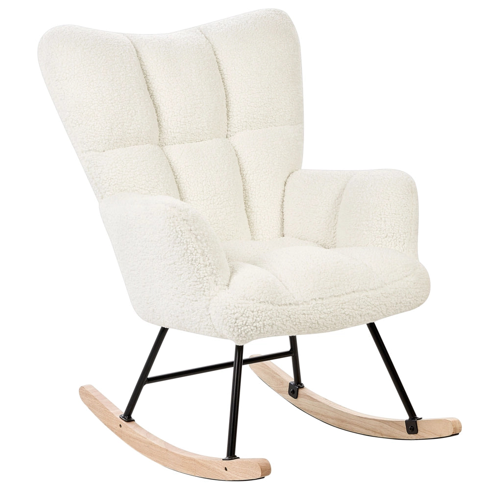 Sedia a dondolo Tessuto Boucle Bianco Rivestimento Gambe in legno  Moderna