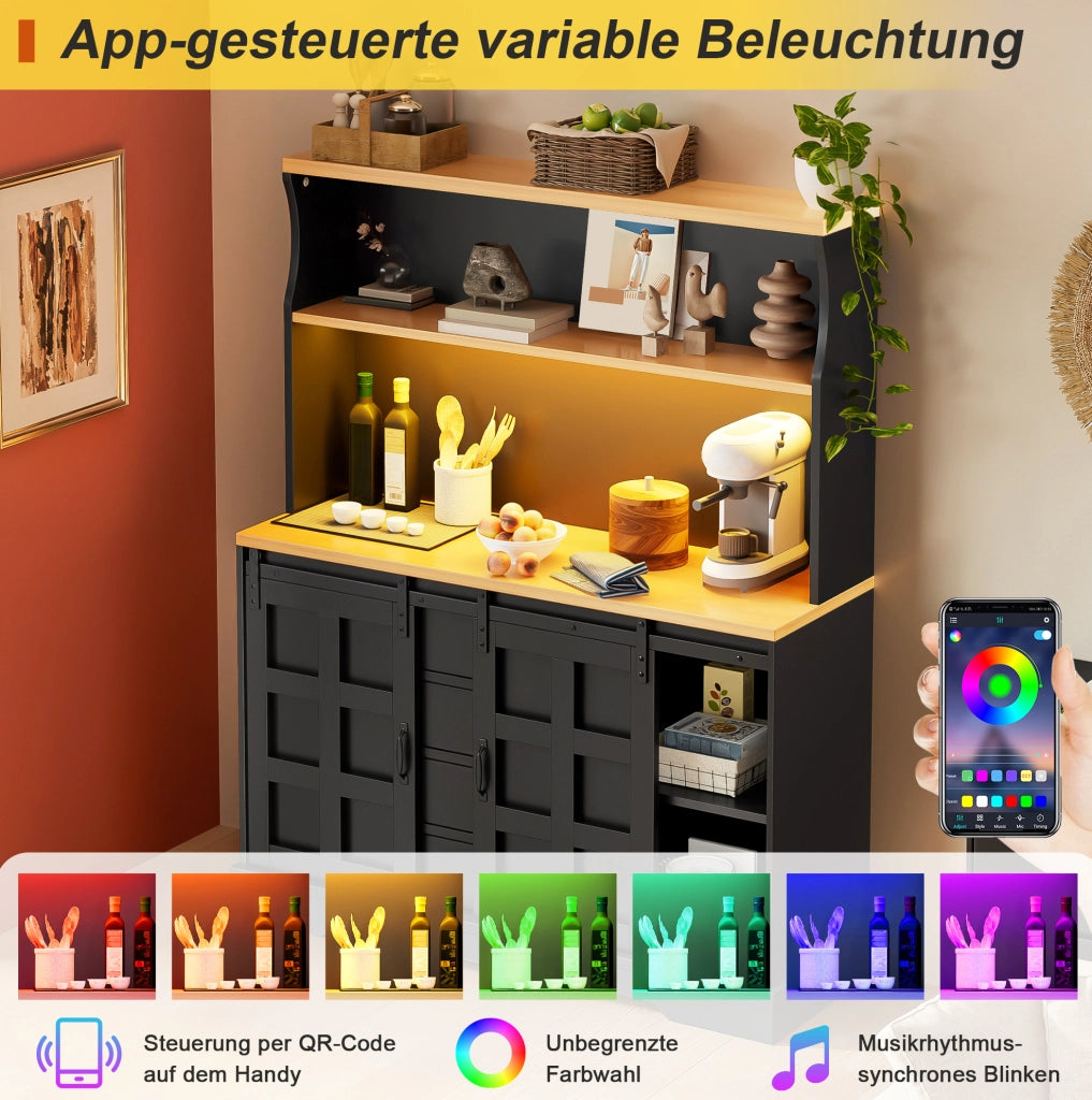 Credenza da cucina LED RGB con prese USB e 4 cassetti, nera