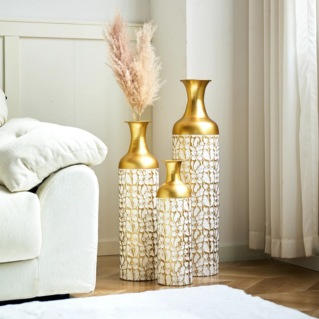Fioriera a più livelli in metallo set da 3 con motivo floreale oro e bianco per soggiorno ingresso e ufficio