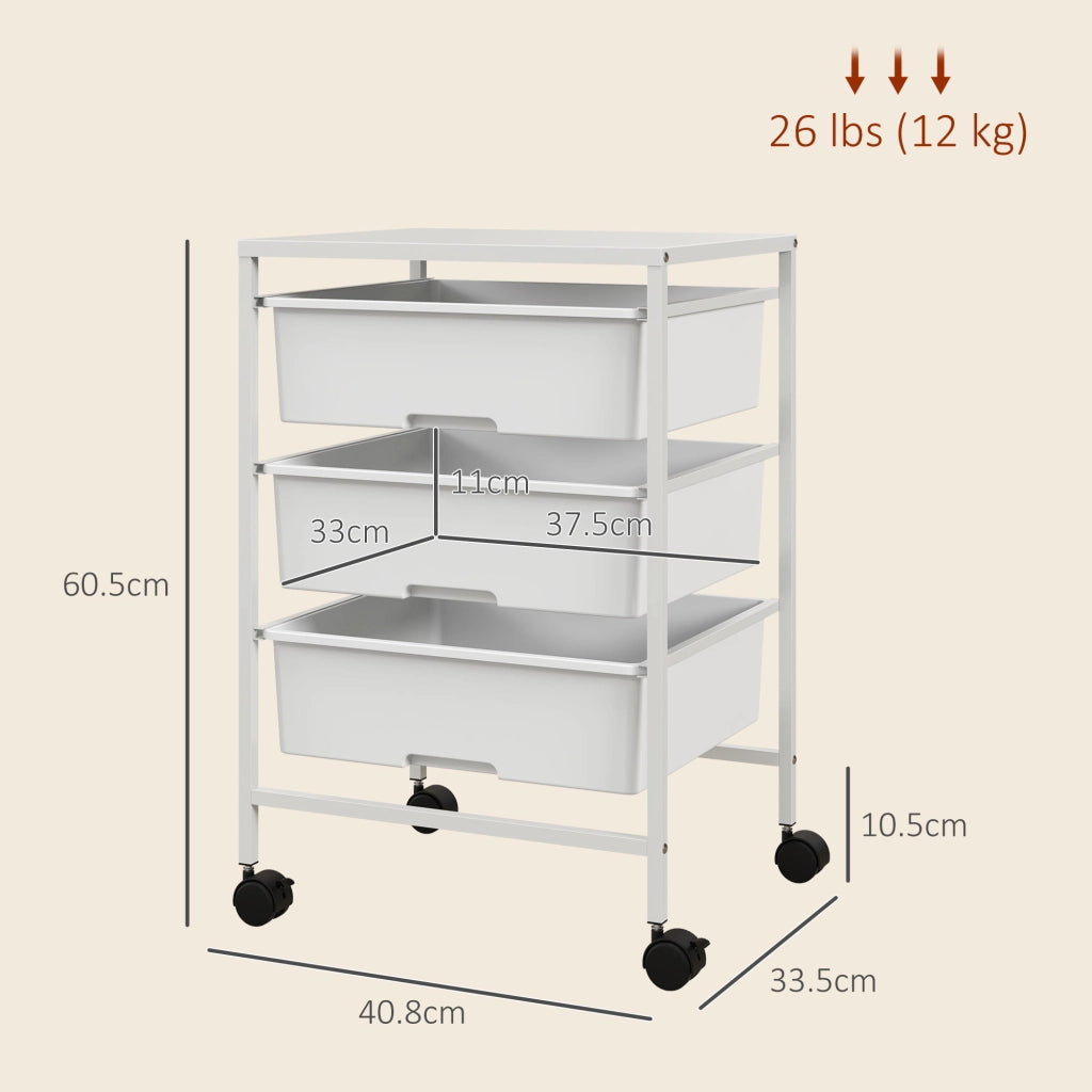 Carrello Multiuso con 3 Cestini Estraibili e Ruote per Cucina e Ufficio in Acciaio e PP, Bianco