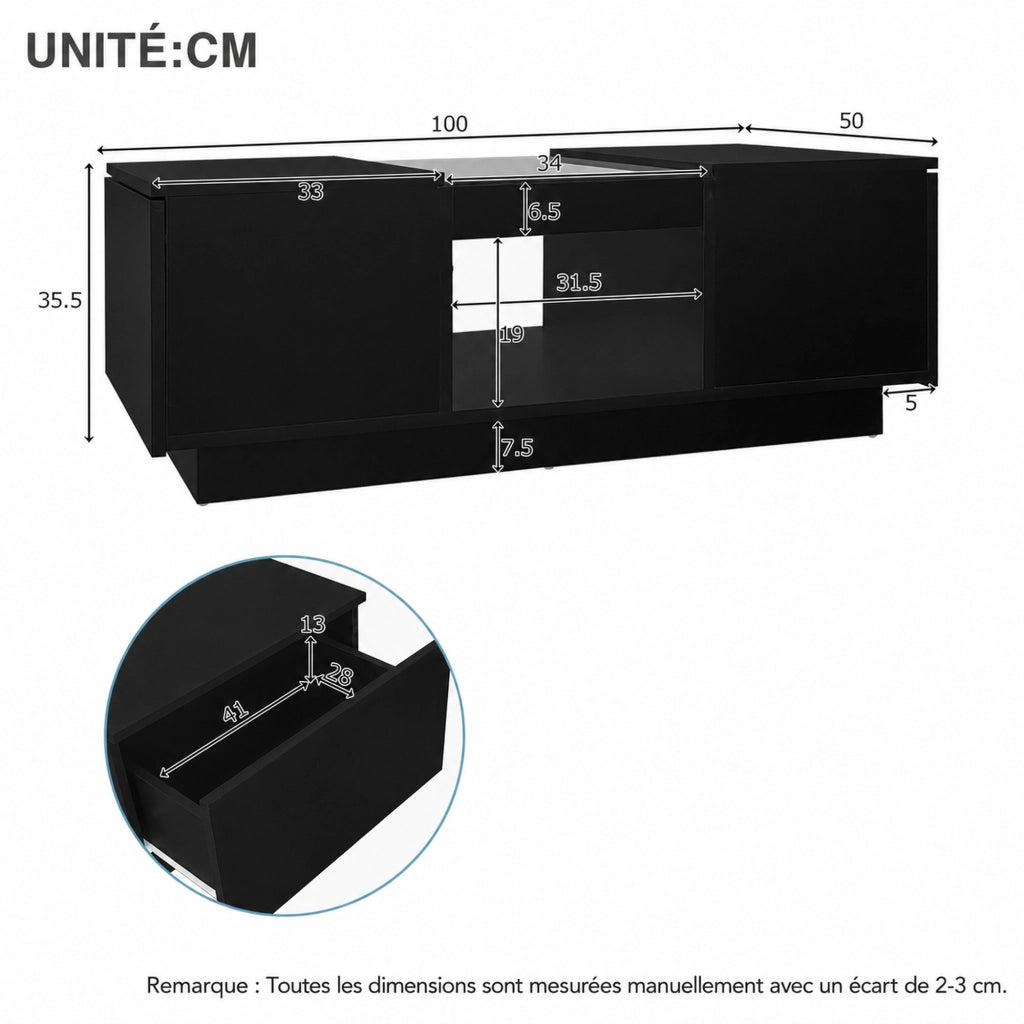TAVOLO BASSO 100x50x35,5 cm Nero con LED, 2 cassetti e 1 vano aperto