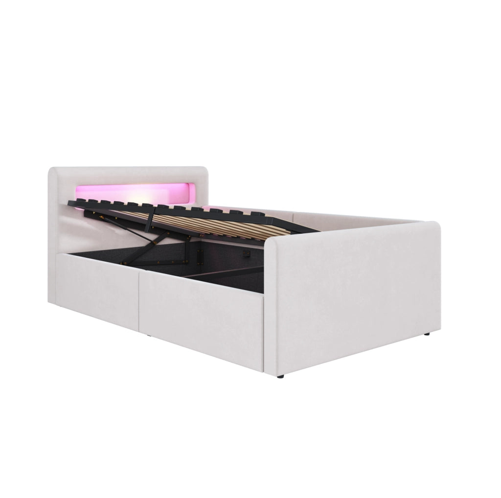 Letto imbottito 90x200 cm con LED; luce notturna; USB e contenitore in velluto beige