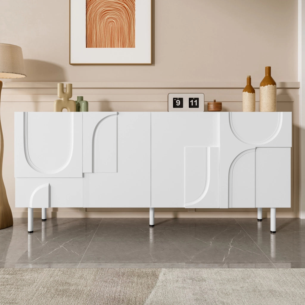 Credenza con 4 Ante e Piedini in Metallo; Design Geometrico Moderno con Curve Irregolari; in MDF e Pannello Truciolare; Bianca