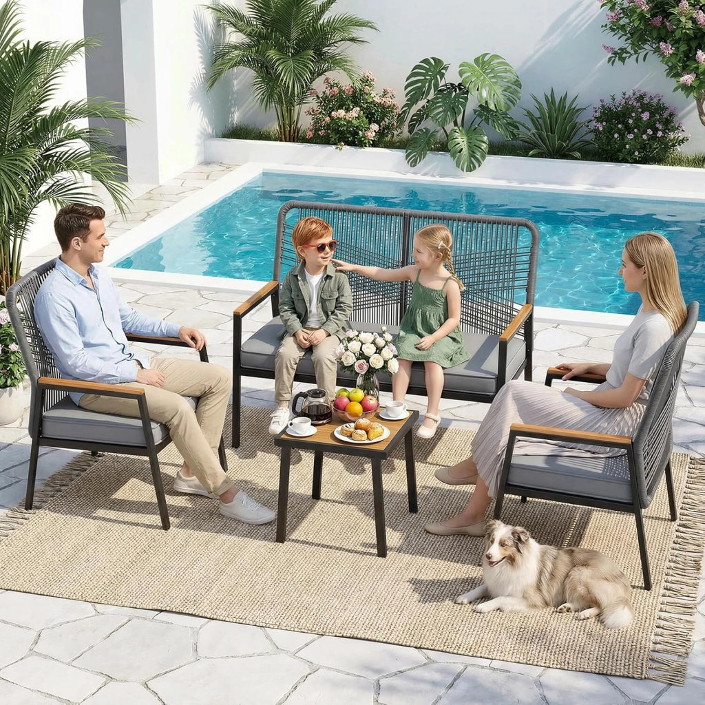 Set di mobili da giardino, Set da 3 sedie da giardino in rattan, 2 sedie da patio con tavolino, fino a 160 kg, resistenti alle intemperie, braccioli in WPC, per patio, giardino, veranda,Grigio