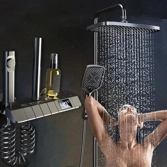 Set di douchi digitale per la camera da bagno - 4 funzionalità Display digitale - Termostato per la doccia - Grigio Nero Alta pressione scarico - Rubinettere in rame