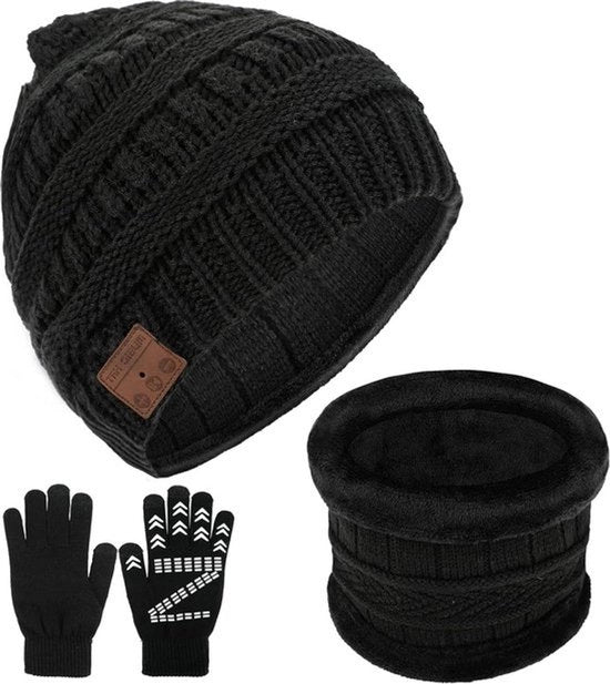 Muffa Bluetooth 3 in 1 con guanti antiscivolo - Cappello caldo per inverno - Ricarica tramite USB - Unisex