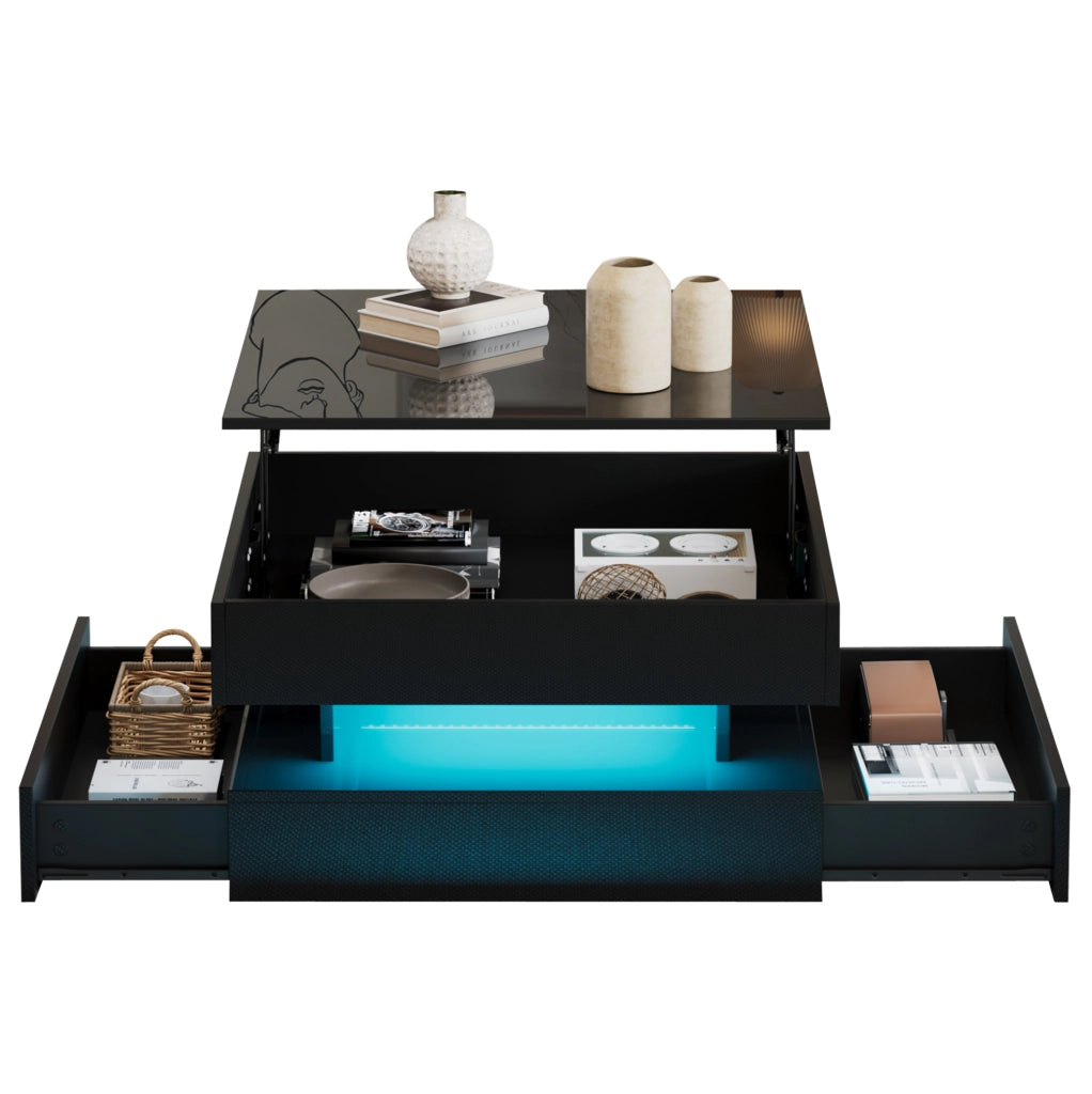 Tavolino da salotto quadrato sollevabile 65 x 65 x 38;5 cm in truciolare nero con LED e 2 cassetti