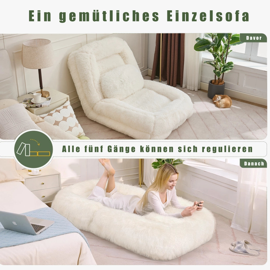 Canapé convertible da pavimento con schienale regolabile a 5 posizioni e cuscino in pelliccia sintetica beige
