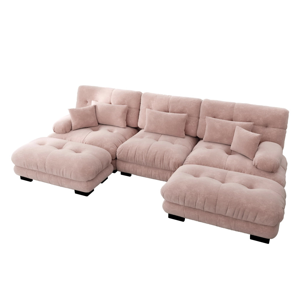 Divano modulare angolare U in ciniglia rosa con ottomani