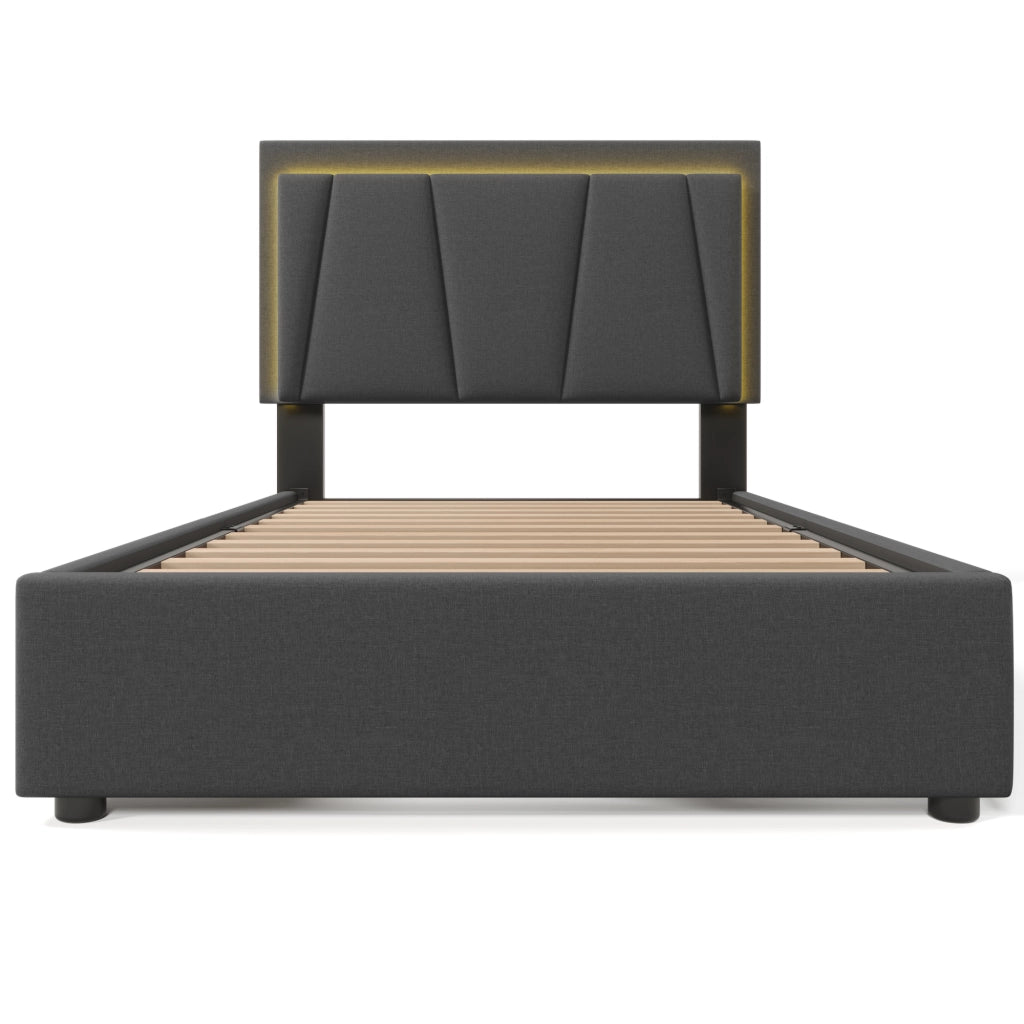 LETTO singolo 90x200 cm grigio con testiera regolabile, LED e 2 cassetti
