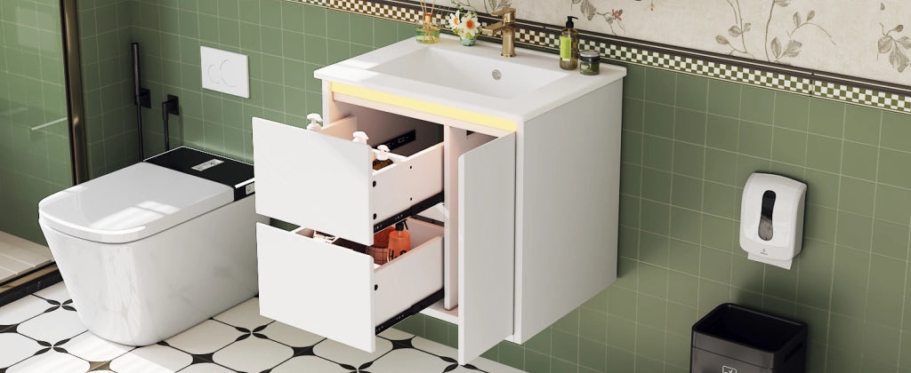 Mobile sottolavabo con 2 cassetti, 1 armadietto, LED a sensore e lavabo integrato per bagno, bianco 61 × 46,5 × 57 cm
