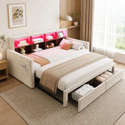 Letto imbottito estraibile 90x190 cm in velluto beige con testiera contenitore, luci LED, prese USB/Type-C, 2 cassetti e rete a doghe
