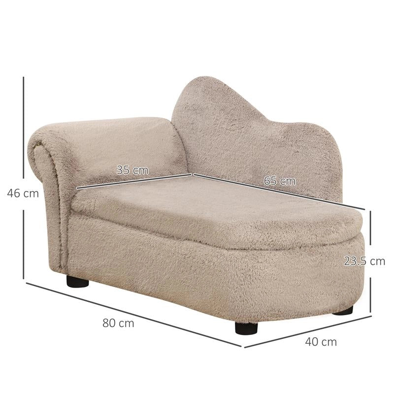 DIVANO PER CANI RIALZATO CON SPAZIO PORTAOGGETTI A SCOMPARSA, IN LEGNO E TESSUTO VELLUTATO, 80X40X46 CM, BEIGE