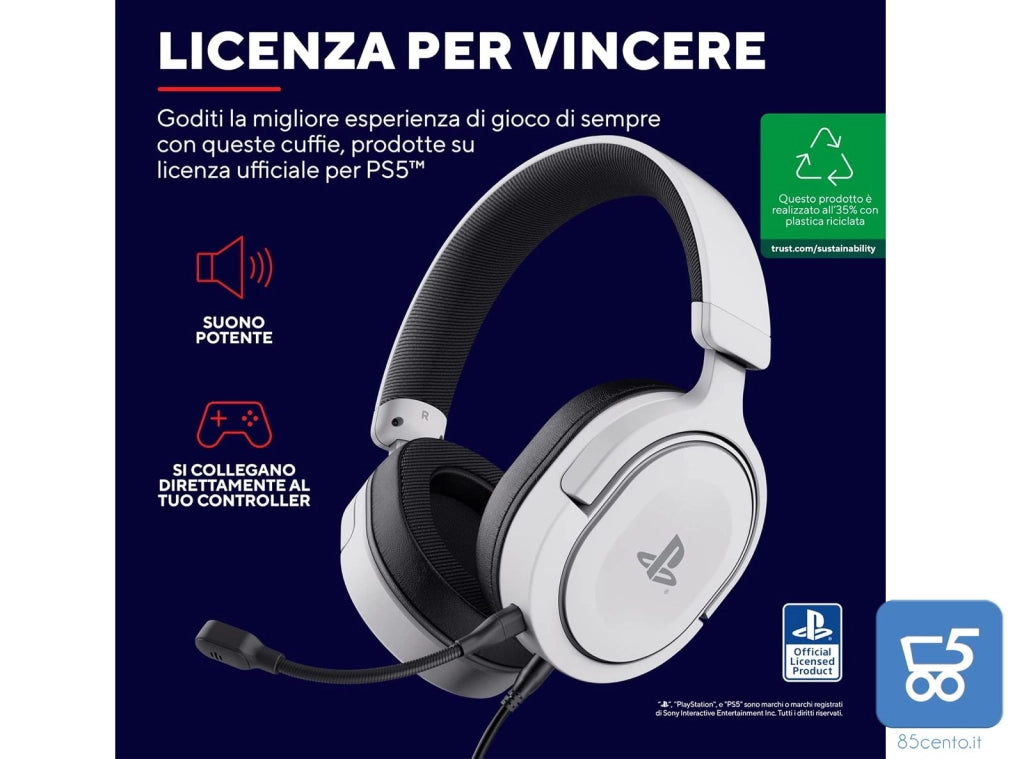 Cuffie Trust Gaming GXT 498 Forta PS5 PS4 Licenza Ufficiale PlayStation Cavo da 1,2 m Microfono Staccabile, Jack Audio 3.5 mm - Bianco