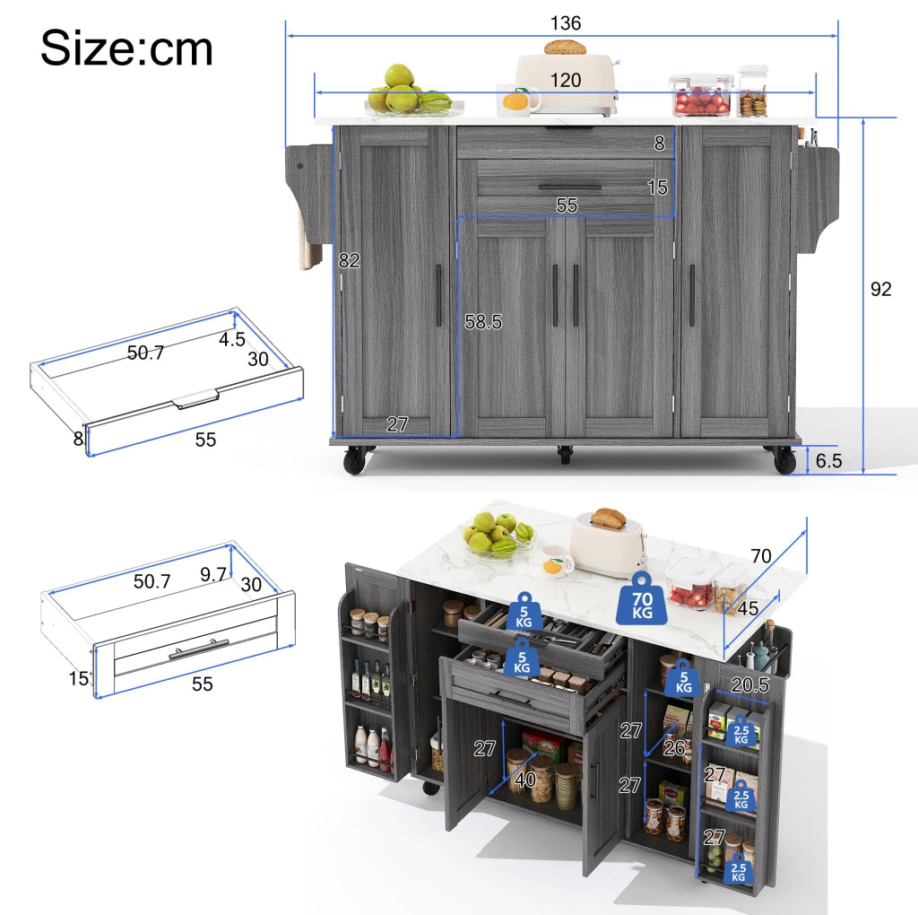 Mobile cucina con piano allungabile 136x70x92 cm; grigio in MDF