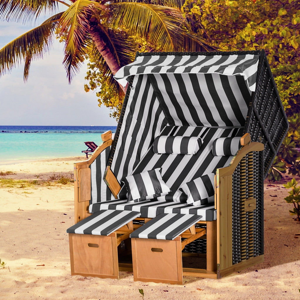 Strandkorb con poggiapiedi, tavolino pieghevole e cuscini ¨C Minimal ¨C Naturale Grigio Bianco