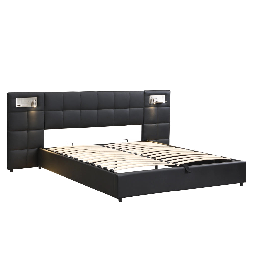 Letti contenitori 180x200 cm; sollevabile idraulico con USB e ricarica wireless; PU nero (Senza materasso)
