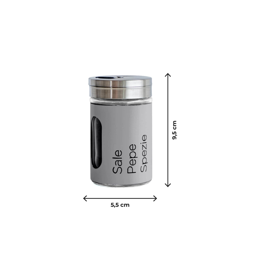 Set 4 Contenitori In Vetro Cucina Portaspezie 90 Ml Con Espositore In Metallo Barattoli Moderni Sale Pepe Rotondi Tappo Girevole Acciaio Per Regolazione Con Moderne Scritte Certificati Contatto Alimentare Grigio