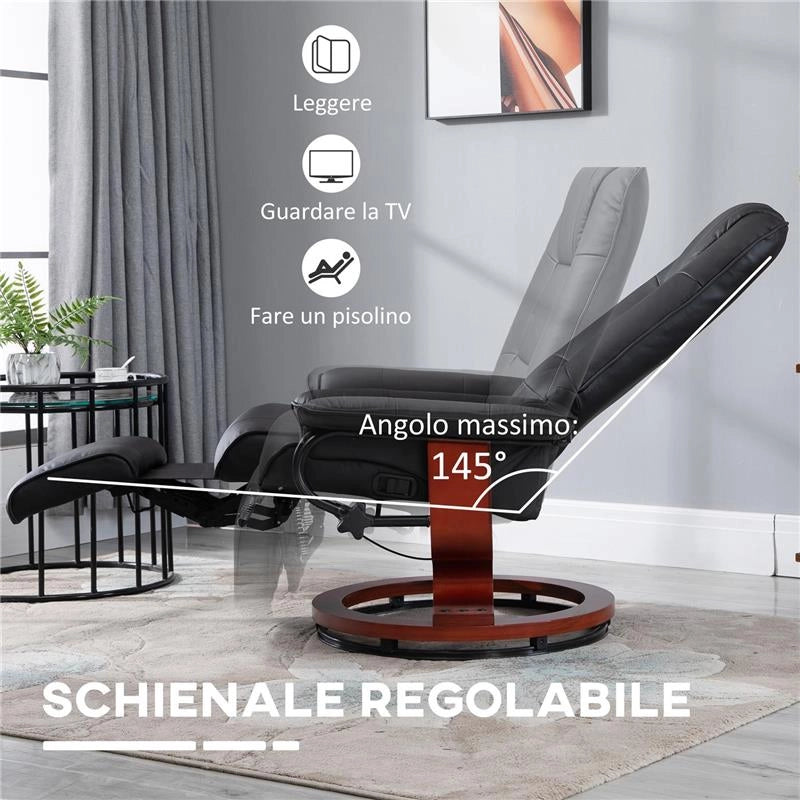 POLTRONA RELAX RECLINABILE MANUALMENTE FINO 145° CON POGGIAPIEDI E RIVESTIMENTO IN FINTA PELLE, NERO